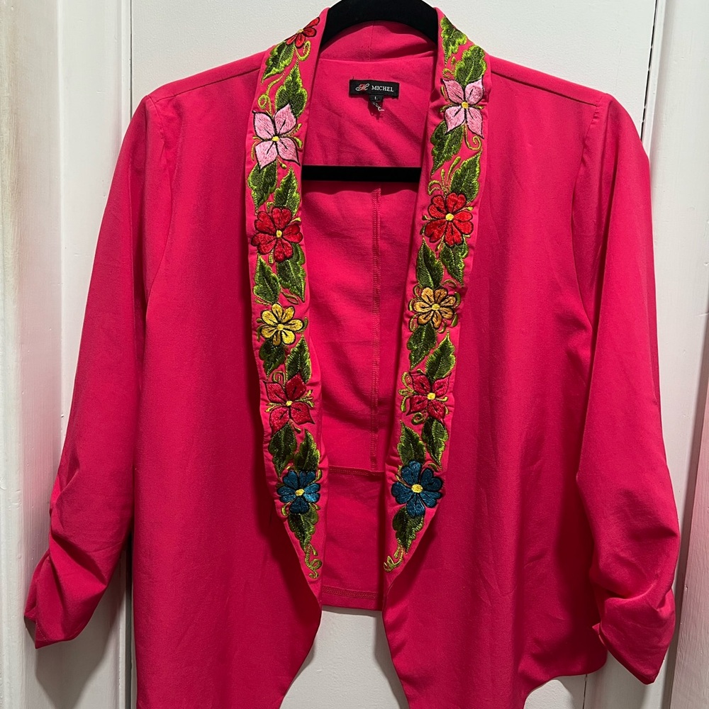 M.Michel Vibrant Pink Satin Blazer with Embroidered Lapel